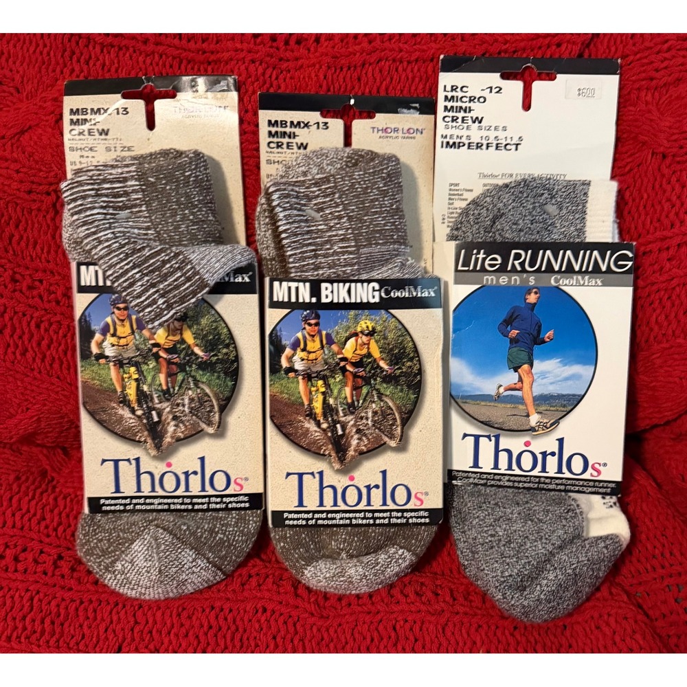3 Pair Thorlos CoolMax Socks Mtn Biking Mini-Crew & Lite Running Mens 9-12.5 NOS